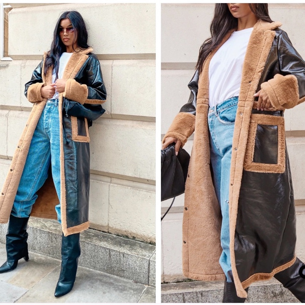 Black Faux Fur Leather Coat with Brown Fur detailing